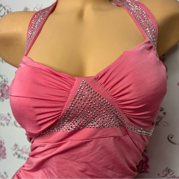 Bling dress sexy rutched sides bubblegum pink stretchy padded cups halter y2k - Picture 9 of 16